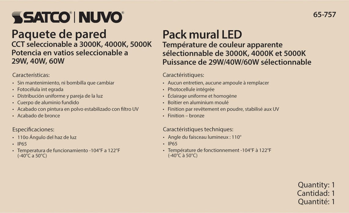Wall Pack Nuvo 65-757 CCT and Wattage Adjustable LED Wall Pack - Integrated Bypassable Photocell - CCT Selectable from 3000, 4000 or 5000K - Wattage Selectable from 29, 40, or 60 Watt - 120-347 Volt - Bronze Finish Nuvo