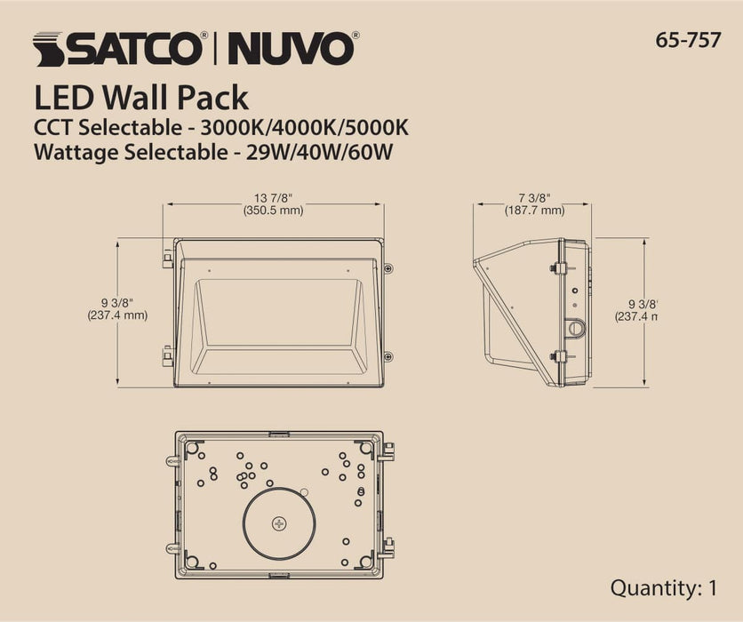 Wall Pack Nuvo 65-757 CCT and Wattage Adjustable LED Wall Pack - Integrated Bypassable Photocell - CCT Selectable from 3000, 4000 or 5000K - Wattage Selectable from 29, 40, or 60 Watt - 120-347 Volt - Bronze Finish Nuvo