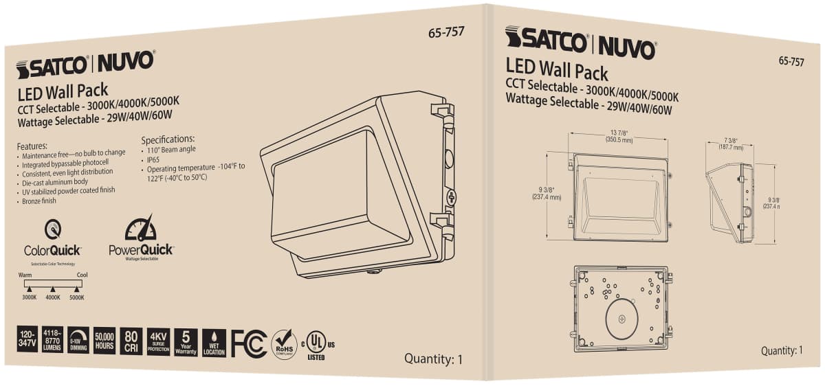 Wall Pack Nuvo 65-757 CCT and Wattage Adjustable LED Wall Pack - Integrated Bypassable Photocell - CCT Selectable from 3000, 4000 or 5000K - Wattage Selectable from 29, 40, or 60 Watt - 120-347 Volt - Bronze Finish Nuvo