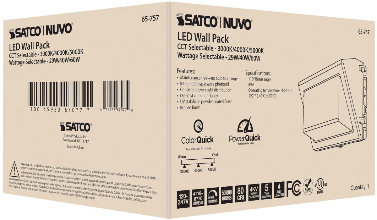 Wall Pack Nuvo 65-757 CCT and Wattage Adjustable LED Wall Pack - Integrated Bypassable Photocell - CCT Selectable from 3000, 4000 or 5000K - Wattage Selectable from 29, 40, or 60 Watt - 120-347 Volt - Bronze Finish Nuvo