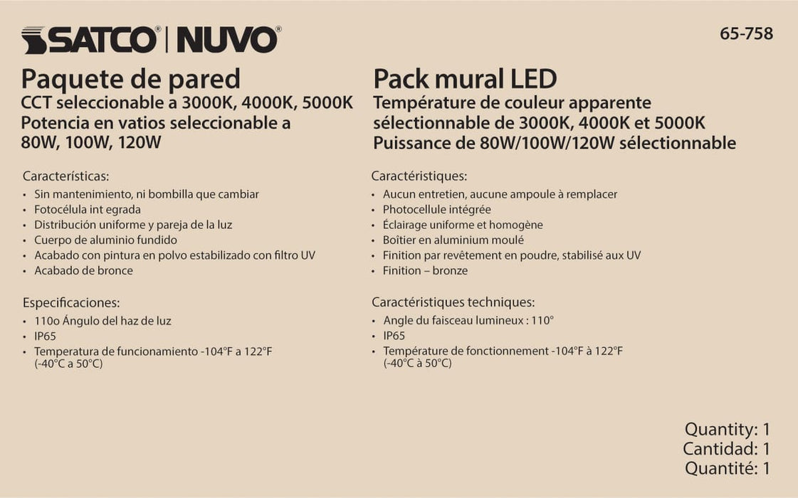 Wall Pack Nuvo 65-758 CCT and Wattage Adjustable LED Wall Pack - Integrated Bypassable Photocell - CCT Selectable from 3000, 4000 or 5000K - Wattage Selectable from 80, 100, or 120 Watt - 120-347 Volt - Bronze Finish Nuvo