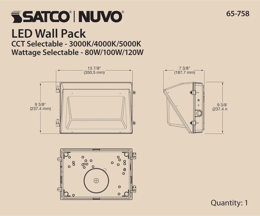 Wall Pack Nuvo 65-758 CCT and Wattage Adjustable LED Wall Pack - Integrated Bypassable Photocell - CCT Selectable from 3000, 4000 or 5000K - Wattage Selectable from 80, 100, or 120 Watt - 120-347 Volt - Bronze Finish Nuvo