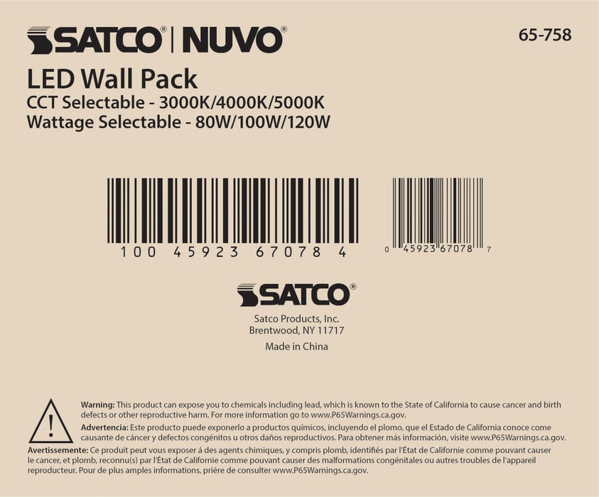 Wall Pack Nuvo 65-758 CCT and Wattage Adjustable LED Wall Pack - Integrated Bypassable Photocell - CCT Selectable from 3000, 4000 or 5000K - Wattage Selectable from 80, 100, or 120 Watt - 120-347 Volt - Bronze Finish Nuvo