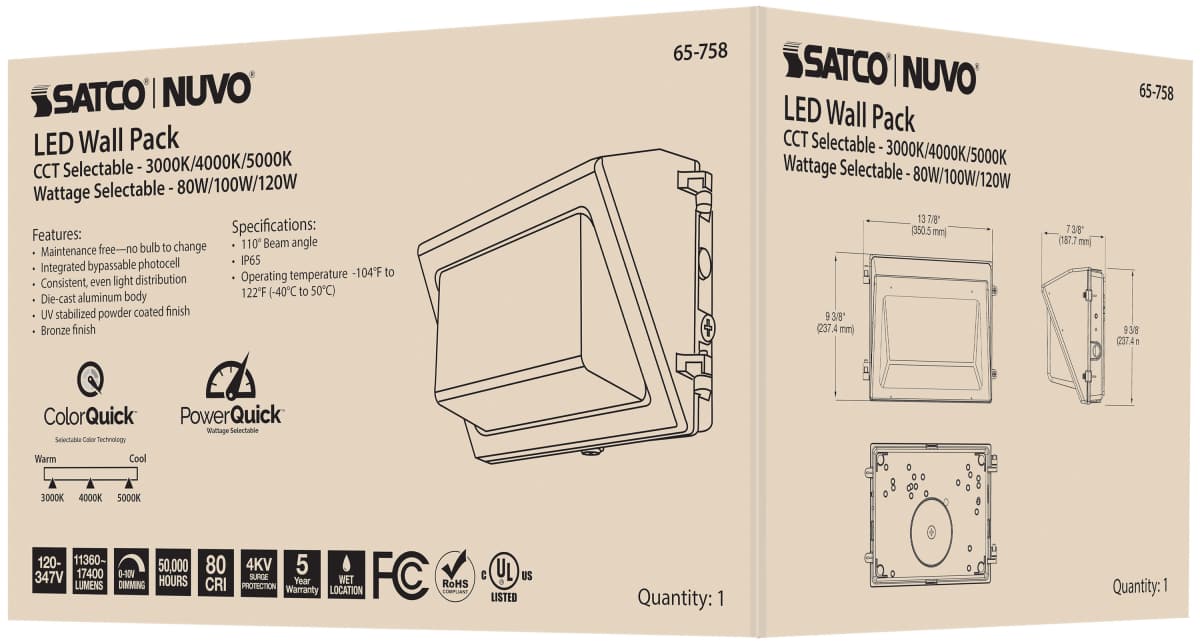 Wall Pack Nuvo 65-758 CCT and Wattage Adjustable LED Wall Pack - Integrated Bypassable Photocell - CCT Selectable from 3000, 4000 or 5000K - Wattage Selectable from 80, 100, or 120 Watt - 120-347 Volt - Bronze Finish Nuvo