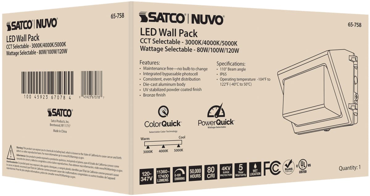 Wall Pack Nuvo 65-758 CCT and Wattage Adjustable LED Wall Pack - Integrated Bypassable Photocell - CCT Selectable from 3000, 4000 or 5000K - Wattage Selectable from 80, 100, or 120 Watt - 120-347 Volt - Bronze Finish Nuvo