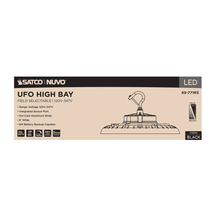UFO Hi-Bay Nuvo 65-771R3 Wattage 150W/175W/200W and CCT Selectable 3K/4K/5K LED UFO High Bay - 120-347 Volt - Black Finish Nuvo