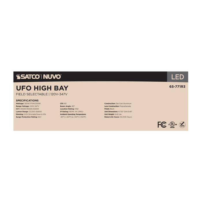 UFO Hi-Bay Nuvo 65-771R3 Wattage 150W/175W/200W and CCT Selectable 3K/4K/5K LED UFO High Bay - 120-347 Volt - Black Finish Nuvo