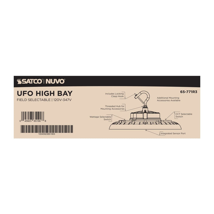 UFO Hi-Bay Nuvo 65-771R3 Wattage 150W/175W/200W and CCT Selectable 3K/4K/5K LED UFO High Bay - 120-347 Volt - Black Finish Nuvo