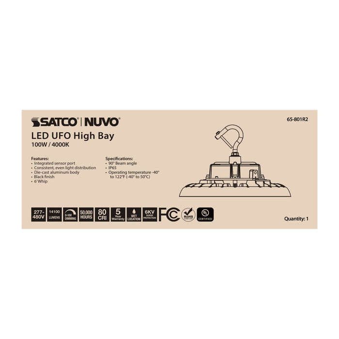 UFO Hi-Bay Nuvo 65-801R2 100 Watt UFO LED High Bay - 4000K - 14100 Lumens - 277-480 Volt - Black Finish Nuvo