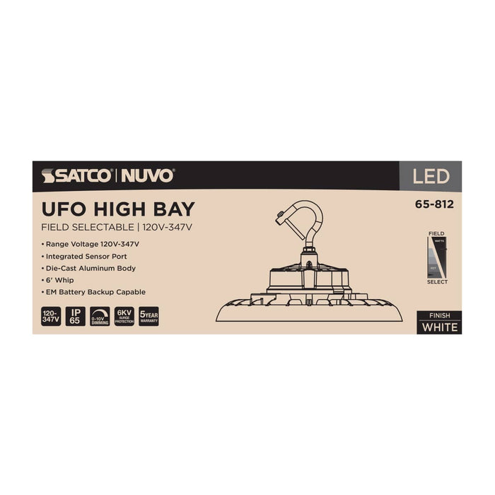 UFO Hi-Bay Nuvo 65-812 Wattage 80W/100W/120W and CCT Selectable 3K/4K/5K LED UFO High Bay - 120-347 Volt - White Finish Nuvo