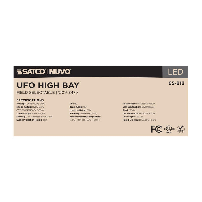 UFO Hi-Bay Nuvo 65-812 Wattage 80W/100W/120W and CCT Selectable 3K/4K/5K LED UFO High Bay - 120-347 Volt - White Finish Nuvo