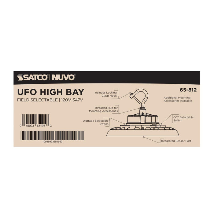 UFO Hi-Bay Nuvo 65-812 Wattage 80W/100W/120W and CCT Selectable 3K/4K/5K LED UFO High Bay - 120-347 Volt - White Finish Nuvo