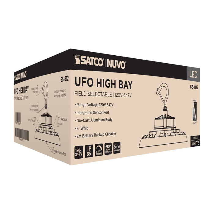 UFO Hi-Bay Nuvo 65-812 Wattage 80W/100W/120W and CCT Selectable 3K/4K/5K LED UFO High Bay - 120-347 Volt - White Finish Nuvo