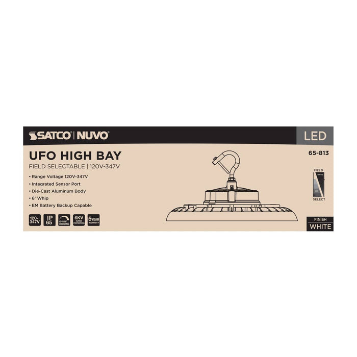 UFO Hi-Bay Nuvo 65-813 Wattage 150W/175W/200W and CCT Selectable 3K/4K/5K LED UFO High Bay - 120-347 Volt - White Finish Nuvo