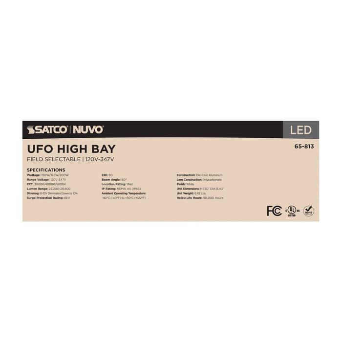 UFO Hi-Bay Nuvo 65-813 Wattage 150W/175W/200W and CCT Selectable 3K/4K/5K LED UFO High Bay - 120-347 Volt - White Finish Nuvo