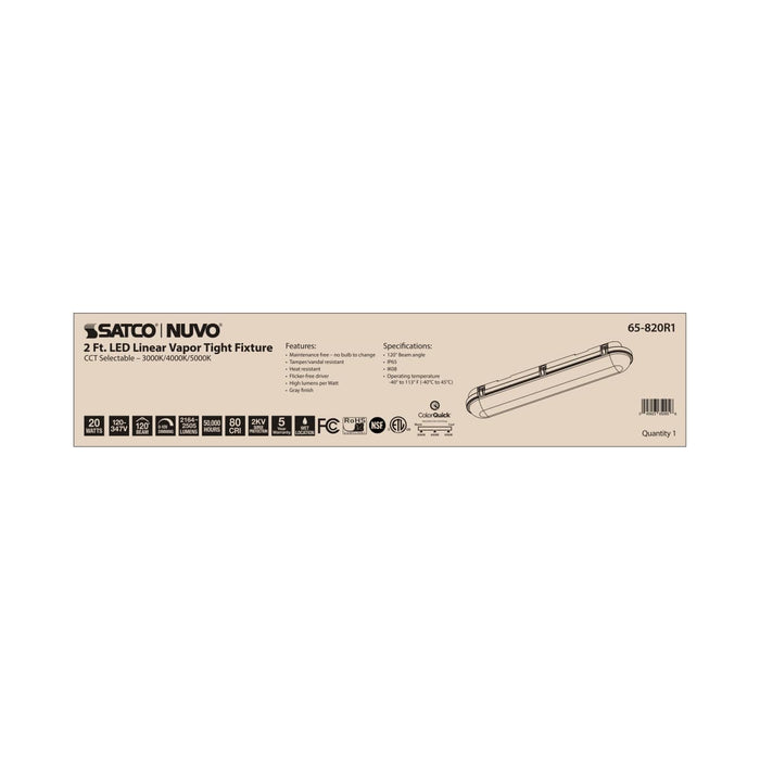 Vapor Tight Nuvo 65-820R1 2 Foot - 20 Watt - Vapor Proof Linear Fixture - CCT Selectable - IP65 and IK08 Rated - 0-10V Dimming - 120V-347V - Gray Finish Nuvo