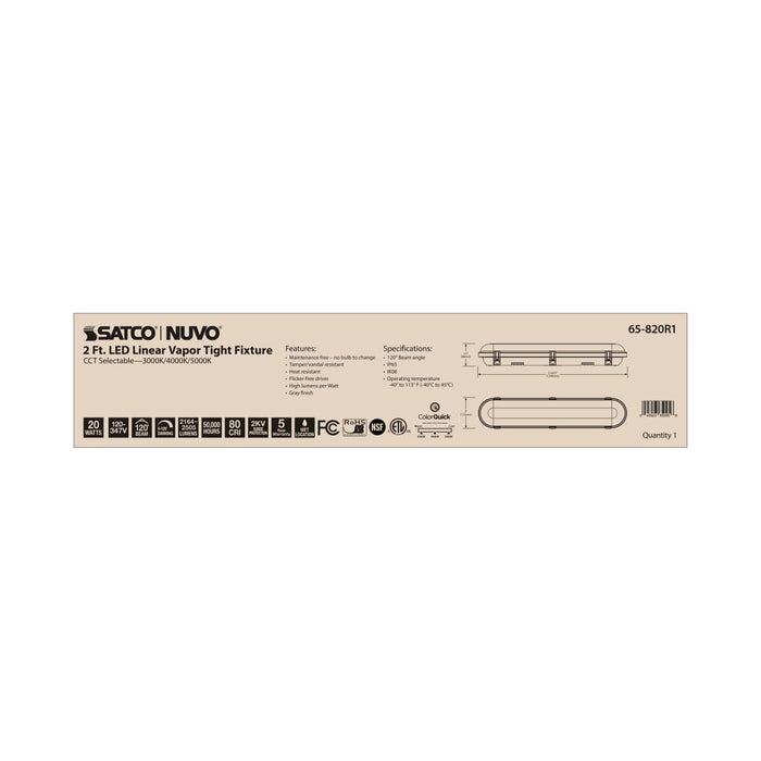 Vapor Tight Nuvo 65-820R1 2 Foot - 20 Watt - Vapor Proof Linear Fixture - CCT Selectable - IP65 and IK08 Rated - 0-10V Dimming - 120V-347V - Gray Finish Nuvo