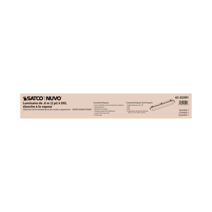 Vapor Tight Nuvo 65-820R1 2 Foot - 20 Watt - Vapor Proof Linear Fixture - CCT Selectable - IP65 and IK08 Rated - 0-10V Dimming - 120V-347V - Gray Finish Nuvo