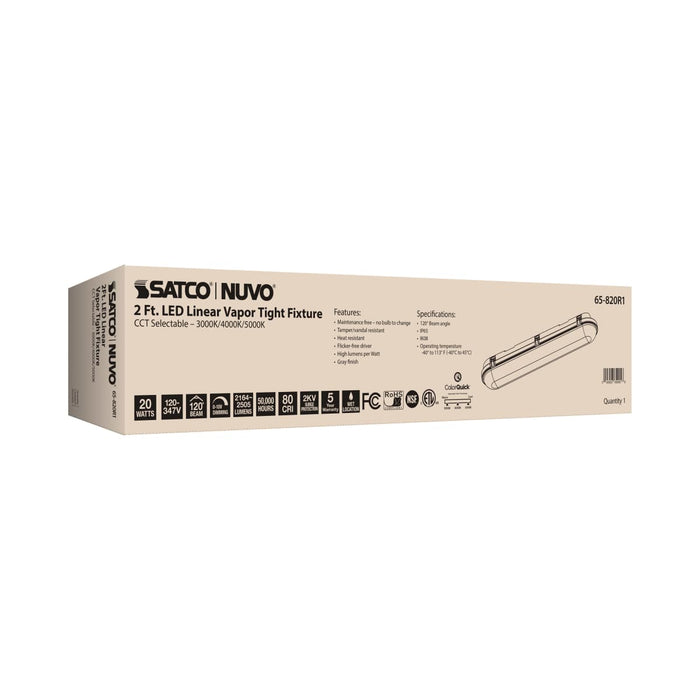 Vapor Tight Nuvo 65-820R1 2 Foot - 20 Watt - Vapor Proof Linear Fixture - CCT Selectable - IP65 and IK08 Rated - 0-10V Dimming - 120V-347V - Gray Finish Nuvo