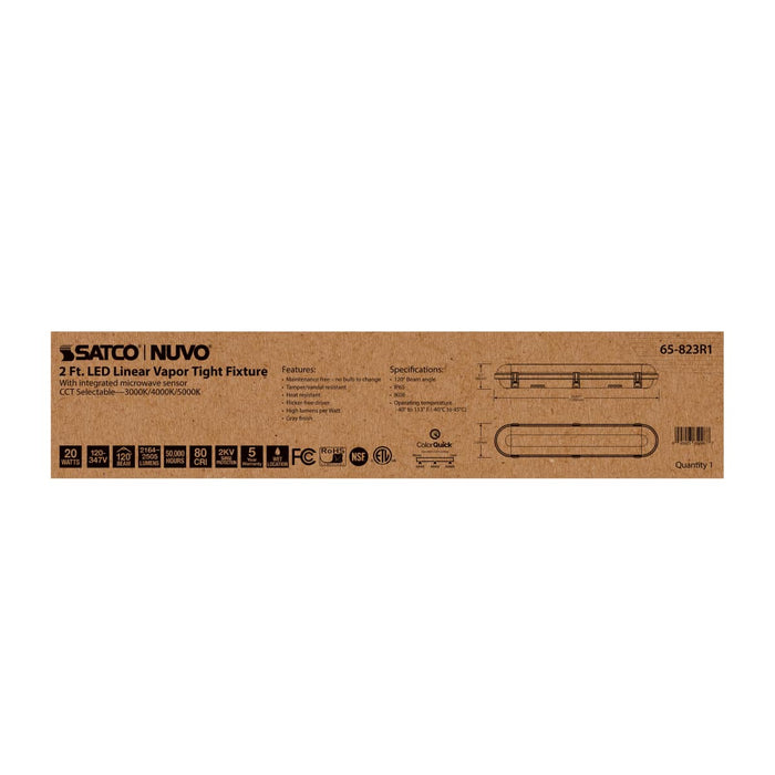 Vapor Tight Nuvo 65-823R1 2 Foot - 20 Watt - Vapor Proof Linear Fixture with Integrated Microwave Sensor - CCT Selectable - IP65 and IK08 Rated - 120V-347V - Gray Finish Nuvo