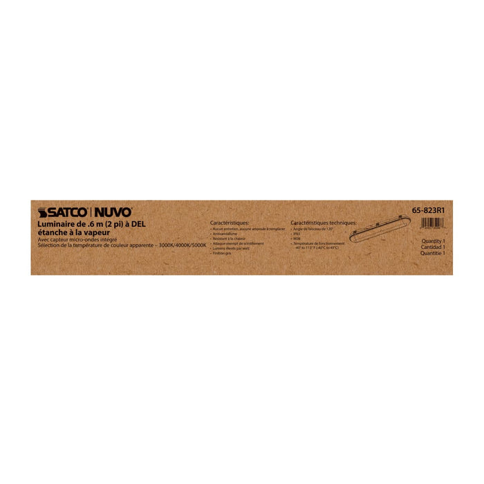 Vapor Tight Nuvo 65-823R1 2 Foot - 20 Watt - Vapor Proof Linear Fixture with Integrated Microwave Sensor - CCT Selectable - IP65 and IK08 Rated - 120V-347V - Gray Finish Nuvo