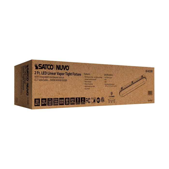 Vapor Tight Nuvo 65-823R1 2 Foot - 20 Watt - Vapor Proof Linear Fixture with Integrated Microwave Sensor - CCT Selectable - IP65 and IK08 Rated - 120V-347V - Gray Finish Nuvo