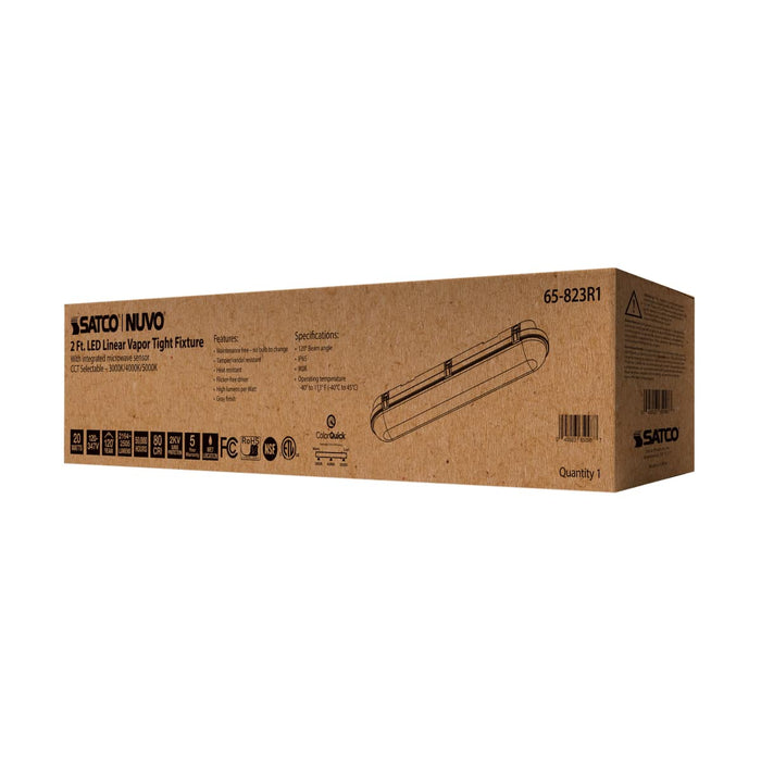 Vapor Tight Nuvo 65-823R1 2 Foot - 20 Watt - Vapor Proof Linear Fixture with Integrated Microwave Sensor - CCT Selectable - IP65 and IK08 Rated - 120V-347V - Gray Finish Nuvo