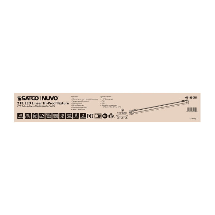 Vapor Tight Nuvo 65-830R1 2 Foot - 20 Watt - LED Tri-Proof Linear Fixture - CCT Selectable - IP65 and IK08 Rated - 0-10V Dimming - 120V-347V - White / Gray Finish Nuvo