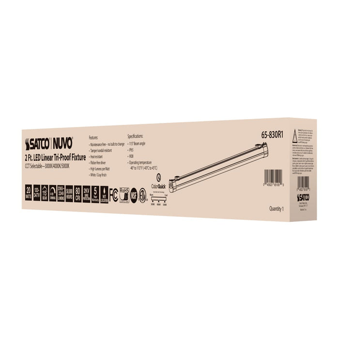 Vapor Tight Nuvo 65-830R1 2 Foot - 20 Watt - LED Tri-Proof Linear Fixture - CCT Selectable - IP65 and IK08 Rated - 0-10V Dimming - 120V-347V - White / Gray Finish Nuvo