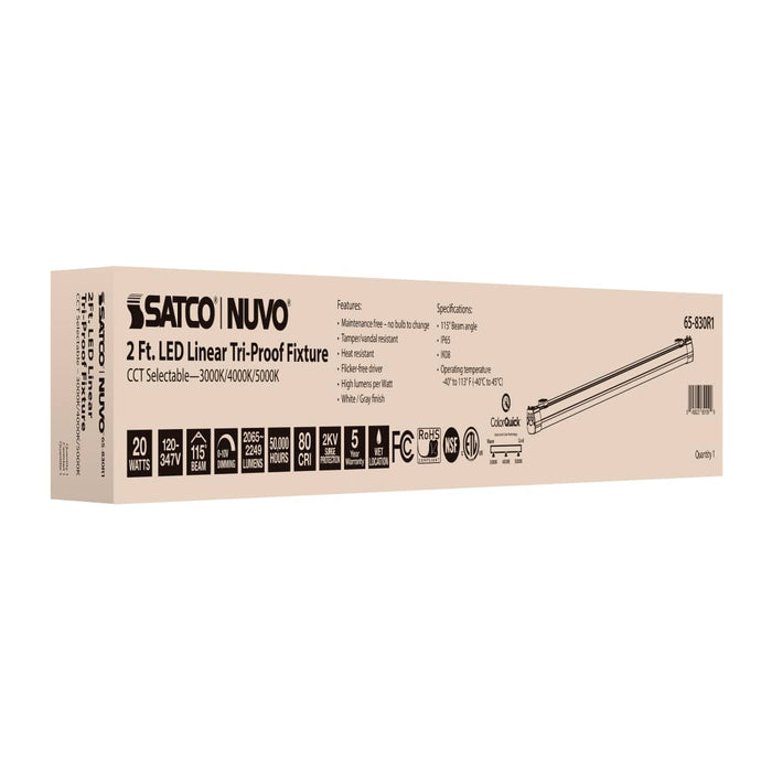 Vapor Tight Nuvo 65-830R1 2 Foot - 20 Watt - LED Tri-Proof Linear Fixture - CCT Selectable - IP65 and IK08 Rated - 0-10V Dimming - 120V-347V - White / Gray Finish Nuvo