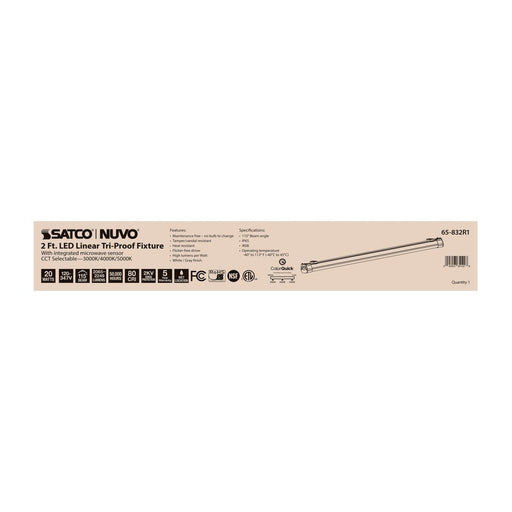 Vapor Tight Nuvo 65-832R1 2 Foot - 20 Watt - LED Tri-Proof Linear Fixture with Integrated Microwave Sensor - CCT Selectable - IP65 and IK08 Rated - 120V-347V - White / Gray Finish Nuvo