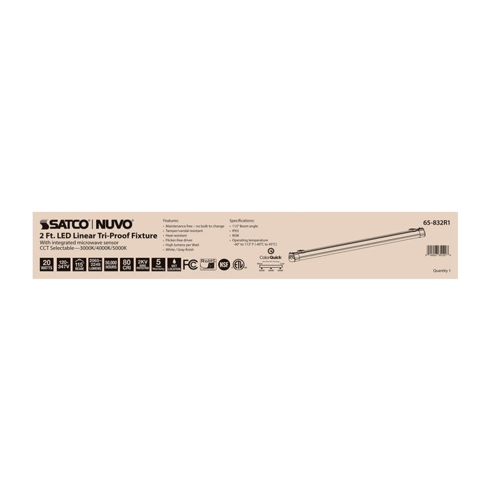 Vapor Tight Nuvo 65-832R1 2 Foot - 20 Watt - LED Tri-Proof Linear Fixture with Integrated Microwave Sensor - CCT Selectable - IP65 and IK08 Rated - 120V-347V - White / Gray Finish Nuvo