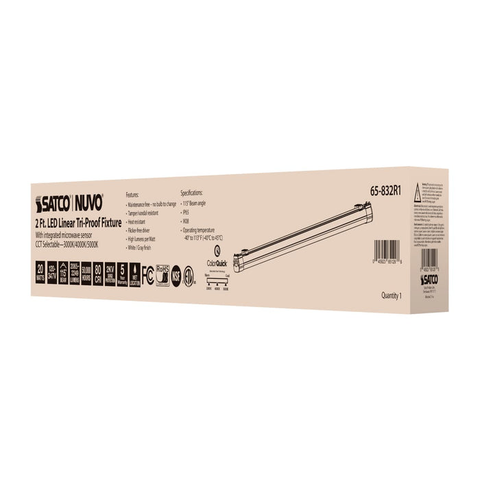 Vapor Tight Nuvo 65-832R1 2 Foot - 20 Watt - LED Tri-Proof Linear Fixture with Integrated Microwave Sensor - CCT Selectable - IP65 and IK08 Rated - 120V-347V - White / Gray Finish Nuvo