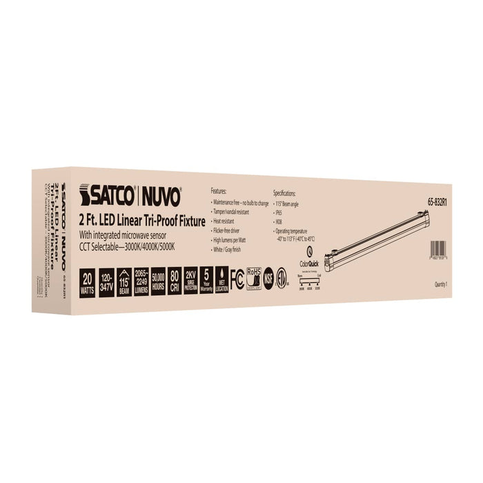 Vapor Tight Nuvo 65-832R1 2 Foot - 20 Watt - LED Tri-Proof Linear Fixture with Integrated Microwave Sensor - CCT Selectable - IP65 and IK08 Rated - 120V-347V - White / Gray Finish Nuvo