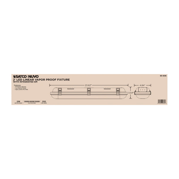 Vapor Tight Nuvo 65-836 20 Watt LED 2 Foot Linear Vapor Proof Fixture - 3K/4K/5K CCT Selectable - 120-347 Volt - Gray Finish Nuvo
