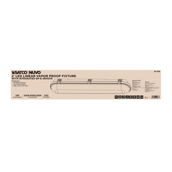 Vapor Tight Nuvo 65-838 20 Watt LED 2 Foot Linear Vapor Proof Fixture - Emergency Battery - Integrated Microwave Sensor - 3K/4K/5K CCT Selectable - 120-347 Range Voltage - Gray Finish Nuvo