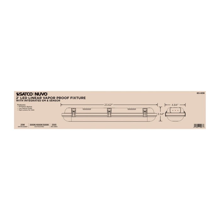 Vapor Tight Nuvo 65-838 20 Watt LED 2 Foot Linear Vapor Proof Fixture - Emergency Battery - Integrated Microwave Sensor - 3K/4K/5K CCT Selectable - 120-347 Range Voltage - Gray Finish Nuvo