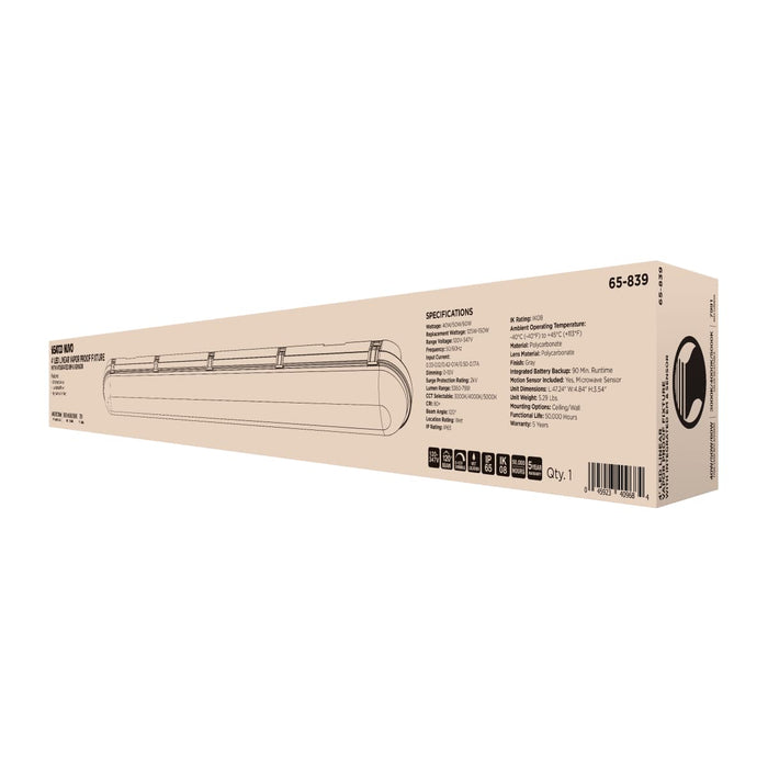 Vapor Tight Nuvo 65-839 40/50/60 Watt LED 4 Foot Linear Vapor Proof Fixture - Emergency Battery - Integrated Microwave Sensor - 3K/4K/5K CCT Selectable - 120-347 Range Voltage - Gray Finish Nuvo