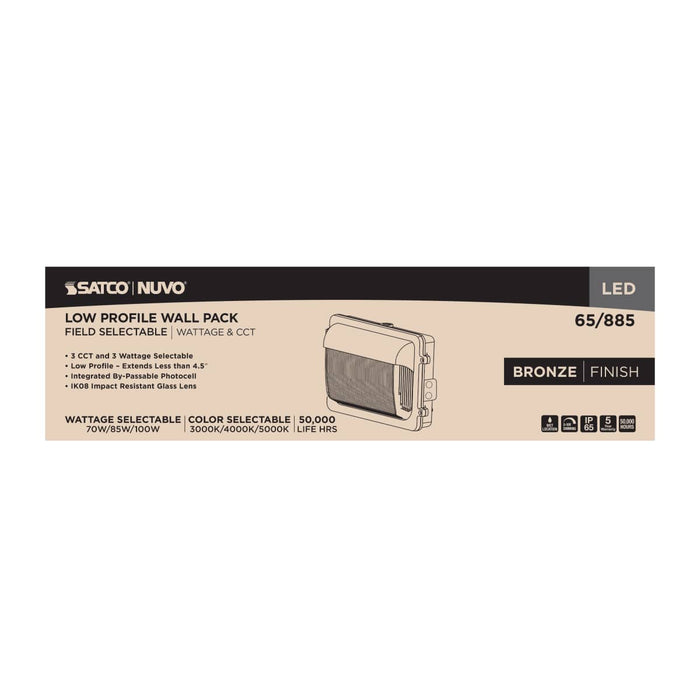 Wall Pack Nuvo 65-885 LED Low Profile Wall Pack - Wattage 70/85/100W and CCT 3K/4K/5K Selectable - Photocell - Dimmable - Bronze Finish Nuvo