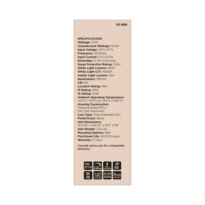 Wall Pack Satco 65-888 Turtle Safe Wall Pack - 20 Watt - 4000K CCT - Black Finish - Amber Light Satco