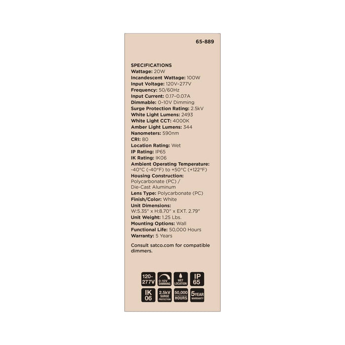 Wall Pack Nuvo 65-889 LED Turtle Friendly Small Wall Pack - 20 Watt - Amber Color - White Finish Nuvo