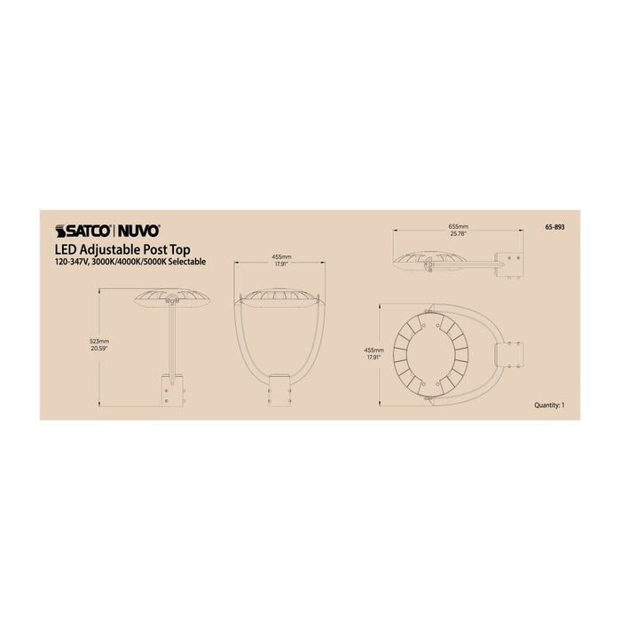 Post Top Nuvo 65-893 100 Watt Adjustable Post Top LED - CCT Selectable - 120-347 Volt - Bronze Finish Nuvo