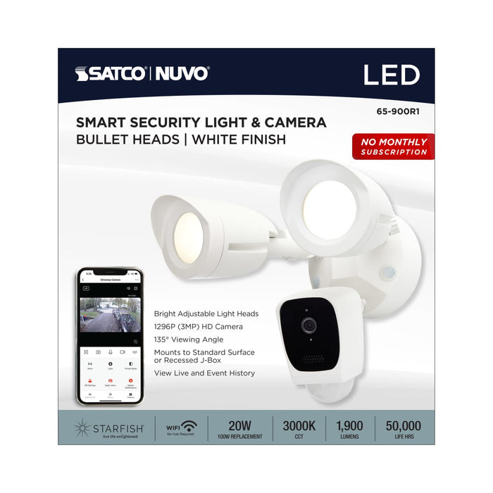 Security Camera Nuvo 65-900R1 Starfish - Bullet SMART Security Light w/Camera - 20 Watt - 3000K CCT - White Finish - 120-277 Volt Nuvo