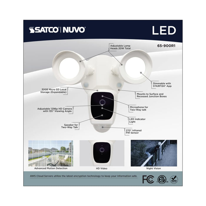 Security Camera Nuvo 65-900R1 Starfish - Bullet SMART Security Light w/Camera - 20 Watt - 3000K CCT - White Finish - 120-277 Volt Nuvo