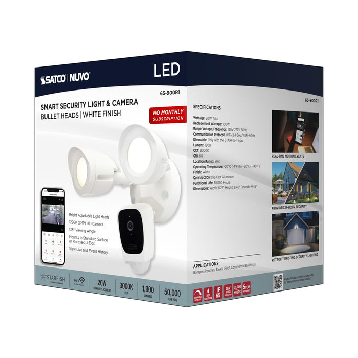 Security Camera Nuvo 65-900R1 Starfish - Bullet SMART Security Light w/Camera - 20 Watt - 3000K CCT - White Finish - 120-277 Volt Nuvo