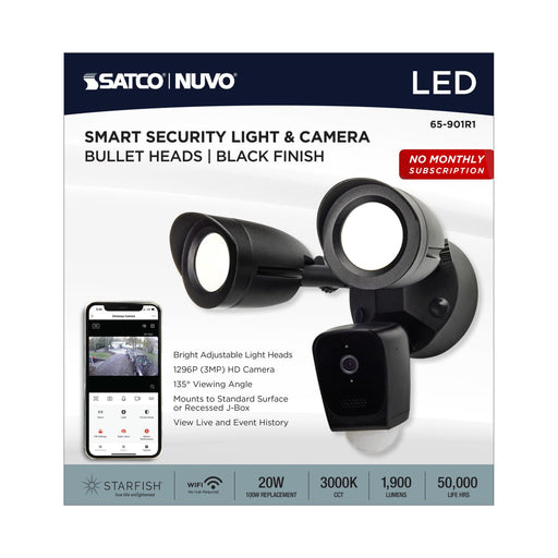Security Camera Nuvo 65-901R1 Starfish - Bullet SMART Security Light w/Camera - 20 Watt - 3000K CCT - Black Finish - 120-277 Volt Nuvo
