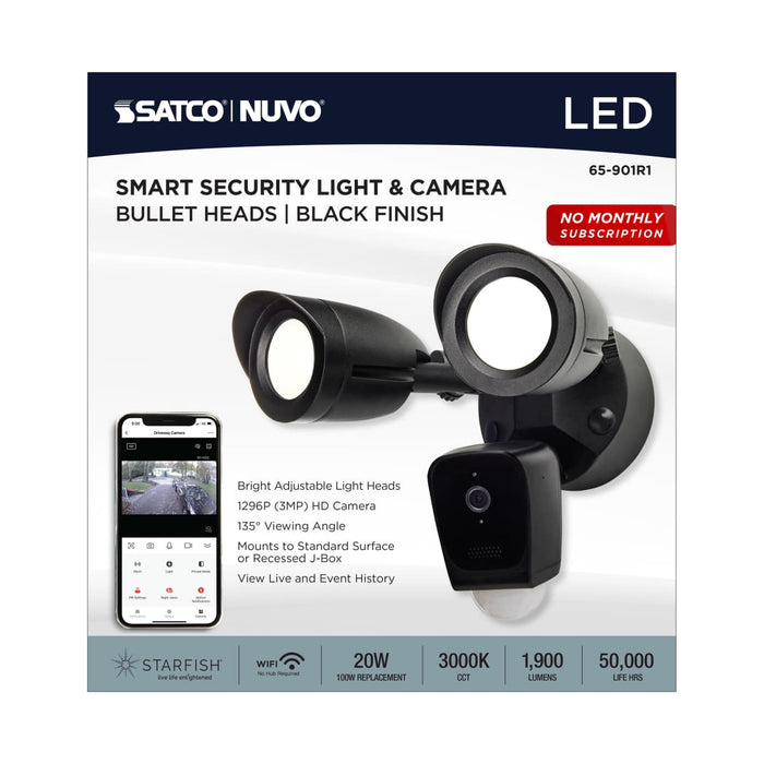 Security Camera Nuvo 65-901R1 Starfish - Bullet SMART Security Light w/Camera - 20 Watt - 3000K CCT - Black Finish - 120-277 Volt Nuvo