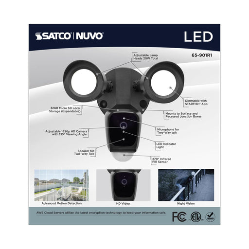 Security Camera Nuvo 65-901R1 Starfish - Bullet SMART Security Light w/Camera - 20 Watt - 3000K CCT - Black Finish - 120-277 Volt Nuvo