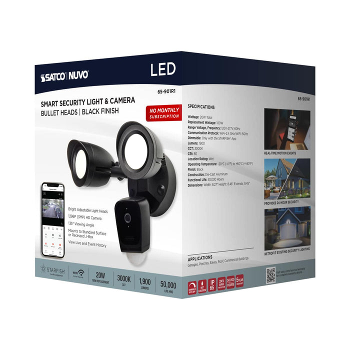 Security Camera Nuvo 65-901R1 Starfish - Bullet SMART Security Light w/Camera - 20 Watt - 3000K CCT - Black Finish - 120-277 Volt Nuvo