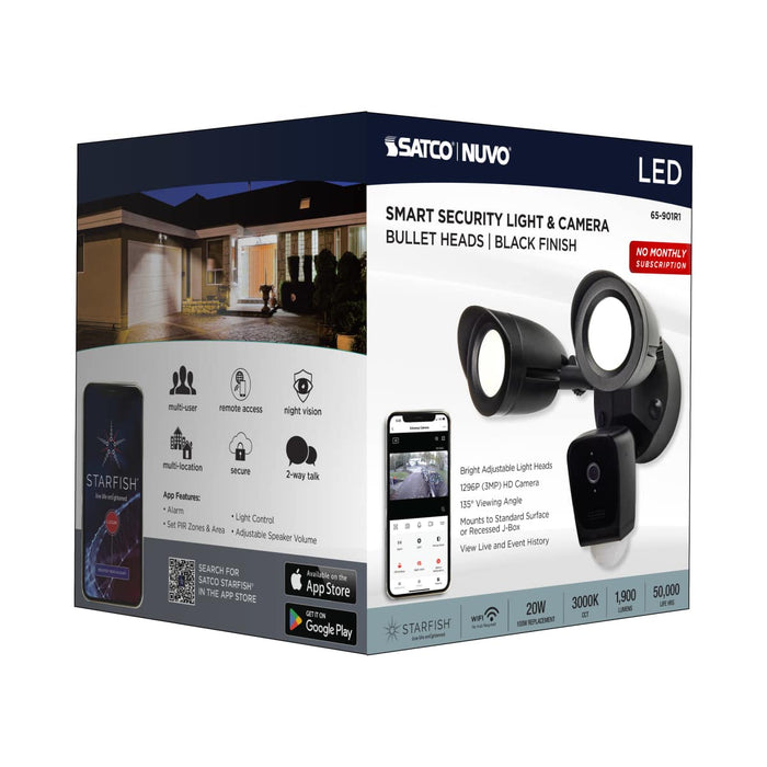Security Camera Nuvo 65-901R1 Starfish - Bullet SMART Security Light w/Camera - 20 Watt - 3000K CCT - Black Finish - 120-277 Volt Nuvo